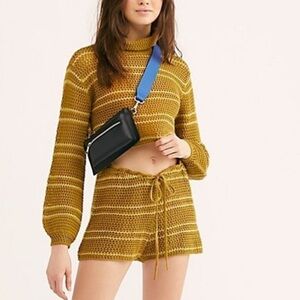 🌼 Free People Beach Womens Montauk Dunes Crochet Stripe Turtleneck Sweater SZ S